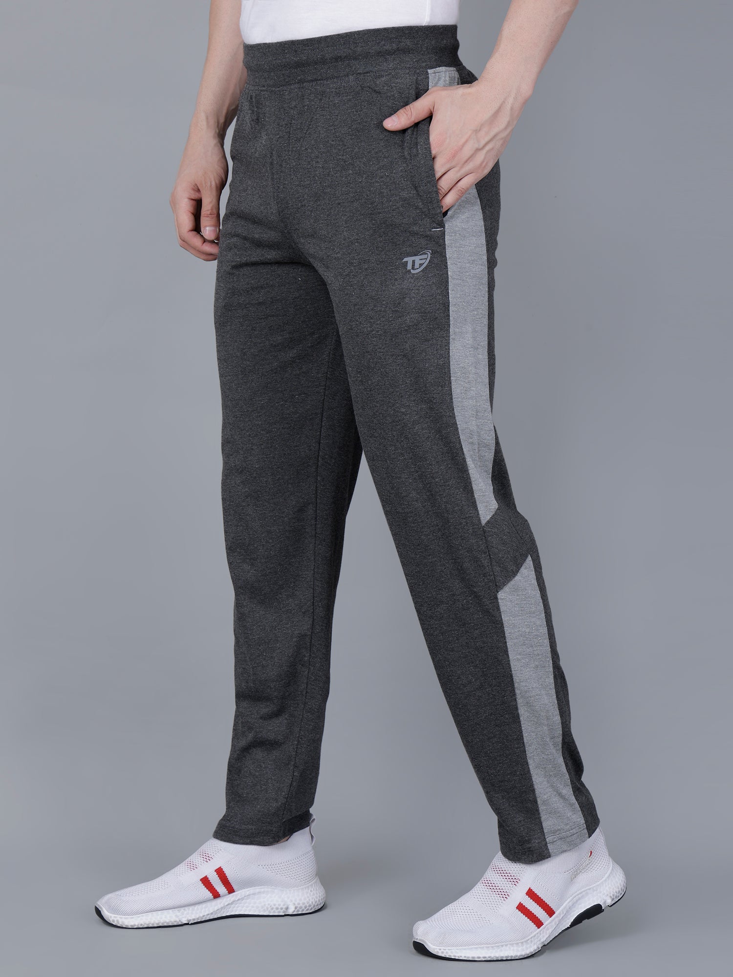 Black Melange Regular Fit Track Pant with Grey Strip – Texfro