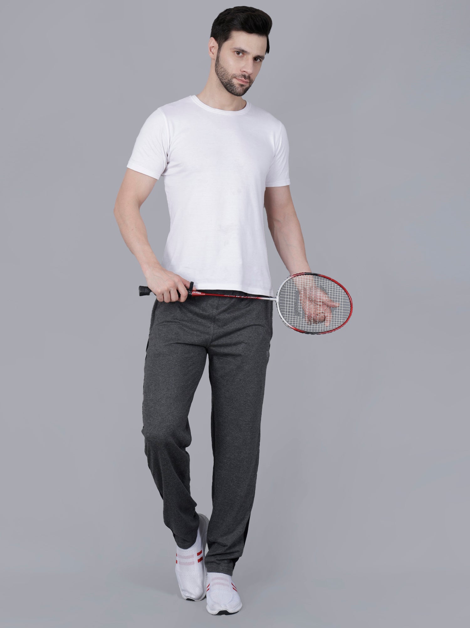 Black Melange Regular Fit Track Pant with Black Strip