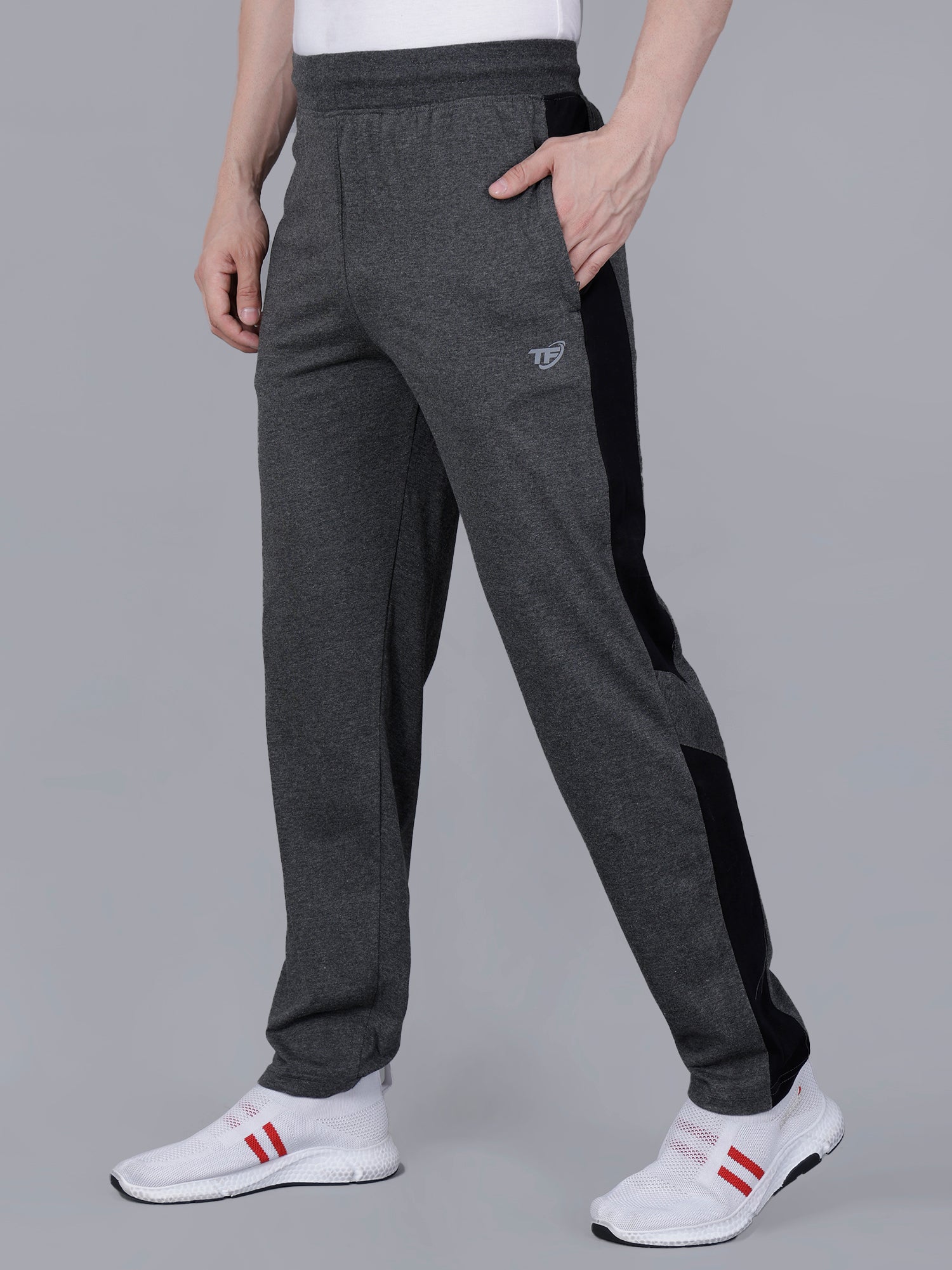 Black Melange Regular Fit Track Pant with Black Strip