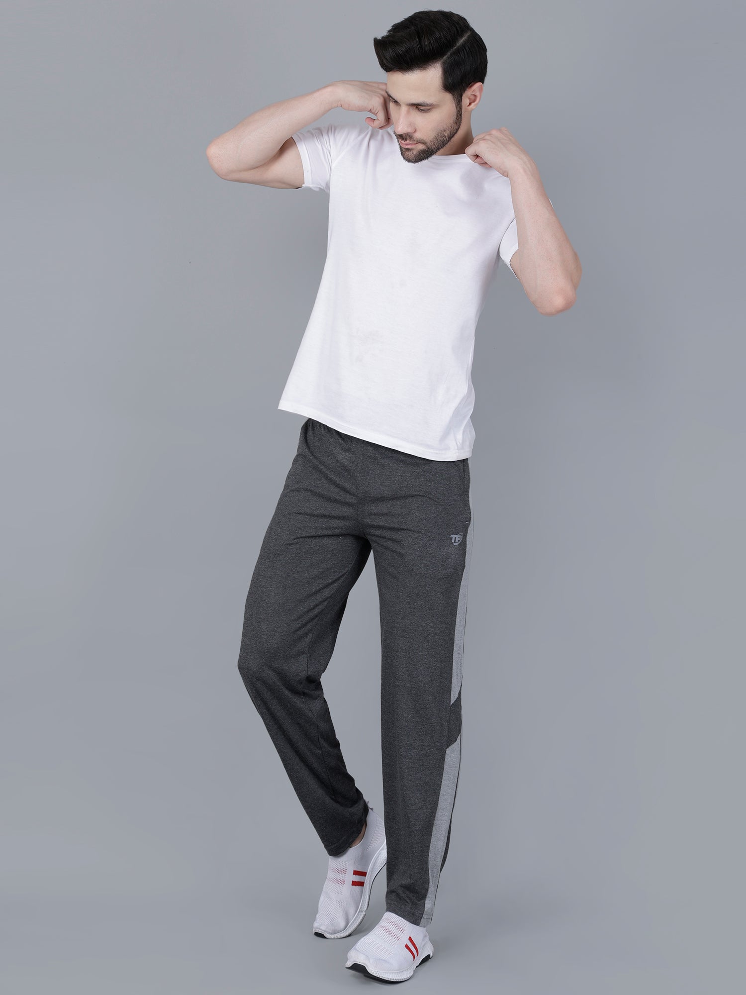Black Melange Regular Fit Track Pant with Grey Strip